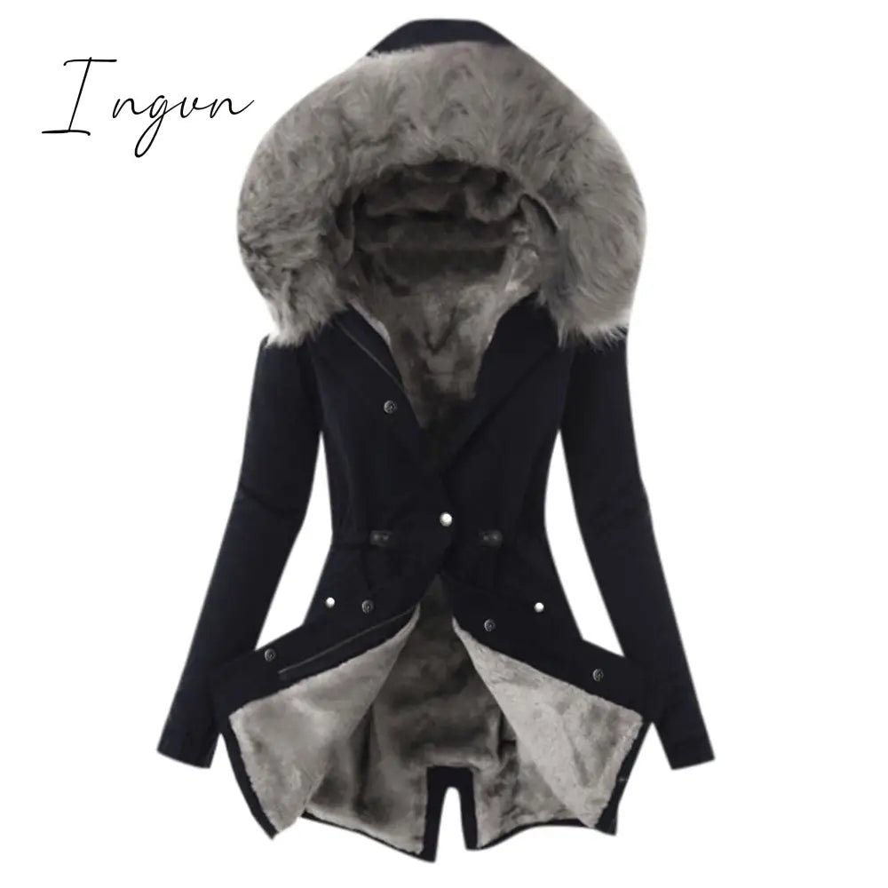 Ingvn - Ultra Cozy Fur Button Up Waist Drawstring Pocket Cotton Coat
