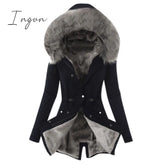 Ingvn - Ultra Cozy Fur Button Up Waist Drawstring Pocket Cotton Coat Black / S