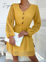 Ingvn - V-Neck Balloon Sleeve Swiss Dot Mini Dress