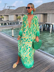Ingvn - V-Neck Casual Loose Floral Print Long Sleeve Maxi Dress