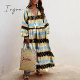 Ingvn - V-Neck Long Sleeve Print Loose Dress 02 Yellow / S