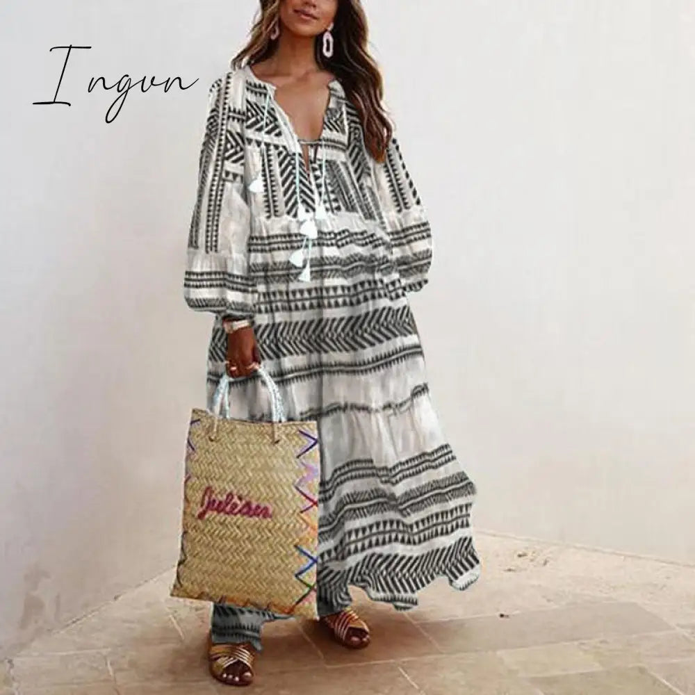 Ingvn - V-Neck Long Sleeve Print Loose Dress