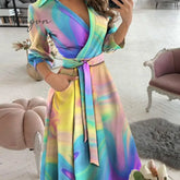 Ingvn - V Neck Long Sleeve Spring Summer Printed Dress