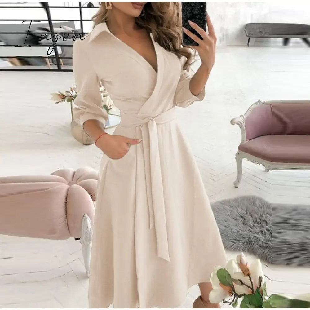 Ingvn - V Neck Long Sleeve Spring Summer Printed Dress