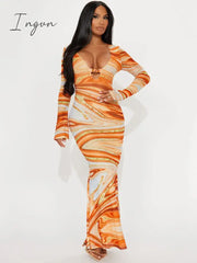 Ingvn - V Neck Print Maxi Dress Women Autumn New Long Sleeve Bodycon Dresses Fashion Sexy Printed