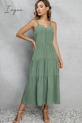 Ingvn - V-Neck Sleeveless Spaghetti Straps Midi Dress