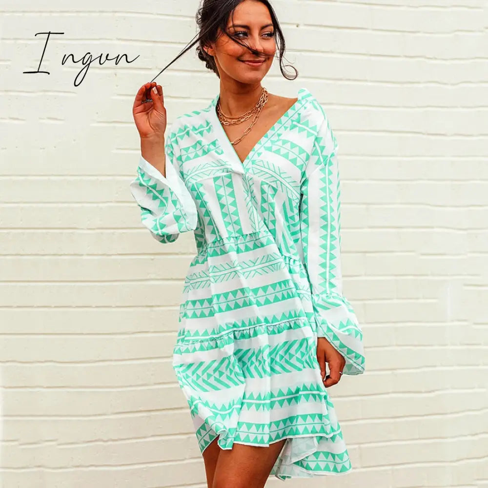 Ingvn - V Neck Swing Women Daily Cotton Bell Sleeve Printed Tribal Summer Dress