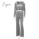 Ingvn - Velvet Women 3 Piece Set Hoodie Sweatshirt Zipper Tube Crop Top High Waist Wide Leg Pants