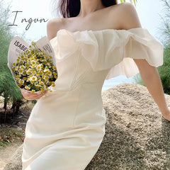 Ingvn - Vinatge Elegant Apricot Dress Women Slash Neck Mesh Patchwork Puff Short Sleeve Off