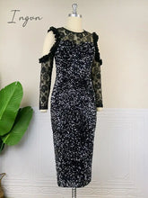 Ingvn - Vintage Black Sequin Dress Women Bare Shoulder Lace Long Sleeve Glitter Prom Luxury Bling