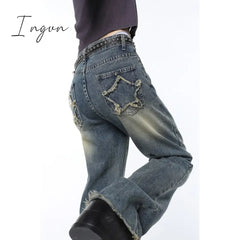 Ingvn - Vintage Blue High Waist Women Jeans Stars American Fashion Streetwear Wide Leg Jean Female