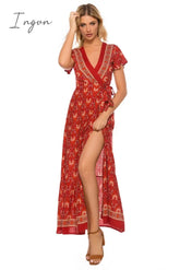 Ingvn - Vintage Chic Vestidos Women Floral Print Bat Sleeve Beach Long Bohemian Maxi Dress Ladies