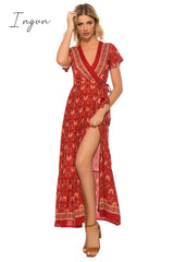 Ingvn - Vintage Chic Vestidos Women Floral Print Bat Sleeve Beach Long Bohemian Maxi Dress Ladies