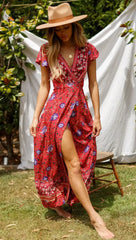 Ingvn - Vintage Chic Vestidos Women Floral Print Bat Sleeve Beach Long Bohemian Maxi Dress Ladies