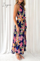 Ingvn- Vintage Elegant Floral Frenulum Halter Printed Dress Dresses Dresses/Floral