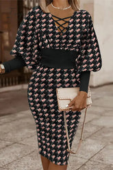 Ingvn - Vintage Elegant Geometric Print Contrast V Neck Wrapped Skirt Dresses Black Pink / S