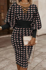 Ingvn - Vintage Elegant Geometric Print Contrast V Neck Wrapped Skirt Dresses Dresses/Midi