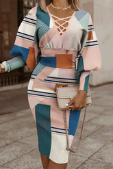 Ingvn - Vintage Elegant Geometric Print Contrast V Neck Wrapped Skirt Dresses Dresses/Midi