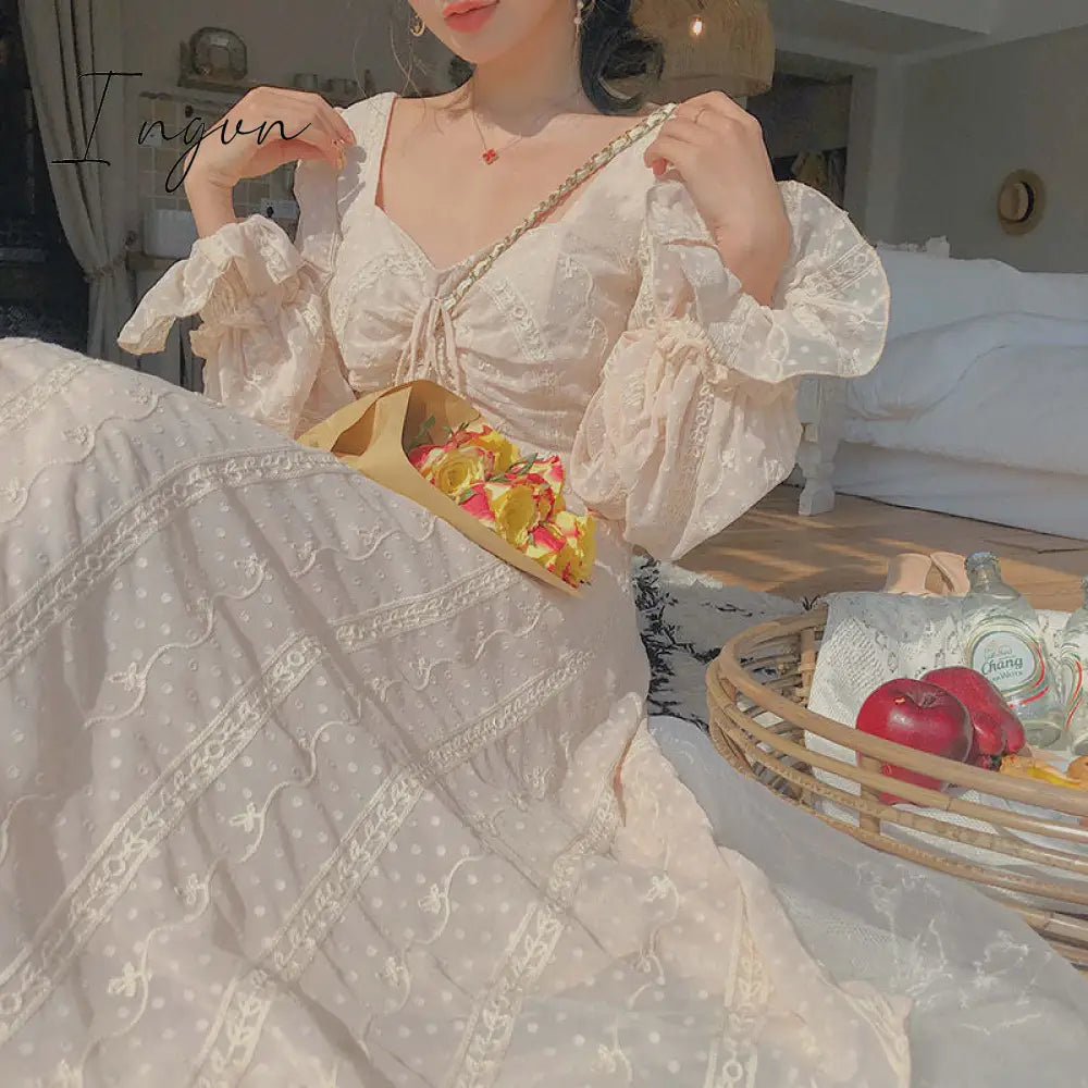 Ingvn - Vintage Fairy Dress Women Elegant Designer Chiffon Long Sleeve French Party Midi Casual