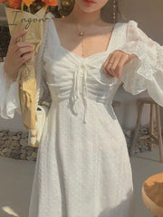 Ingvn - Vintage Fairy Dress Women Elegant Designer Chiffon Long Sleeve French Party Midi Casual