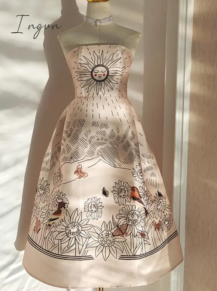 Ingvn - Vintage Flower Printed Strapless Sleeveless Midi Vestidos Summer 2023 New Women Gown Party