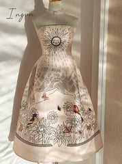 Ingvn - Vintage Flower Printed Strapless Sleeveless Midi Vestidos Summer 2023 New Women Gown Party
