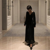 Ingvn - Vintage Glitter Long Maxi Dress Women Spring High Waist Sleeve Elegant Boho Shiny Party