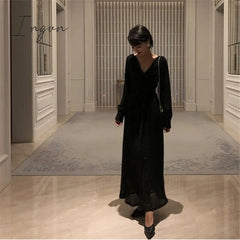Ingvn - Vintage Glitter Long Maxi Dress Women Spring High Waist Sleeve Elegant Boho Shiny Party