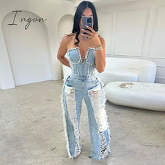 Ingvn - Vintage Hole Tassel Denim Jumpsuit Women 2023 New Fashion Sexy Off The Shoulder V Neck