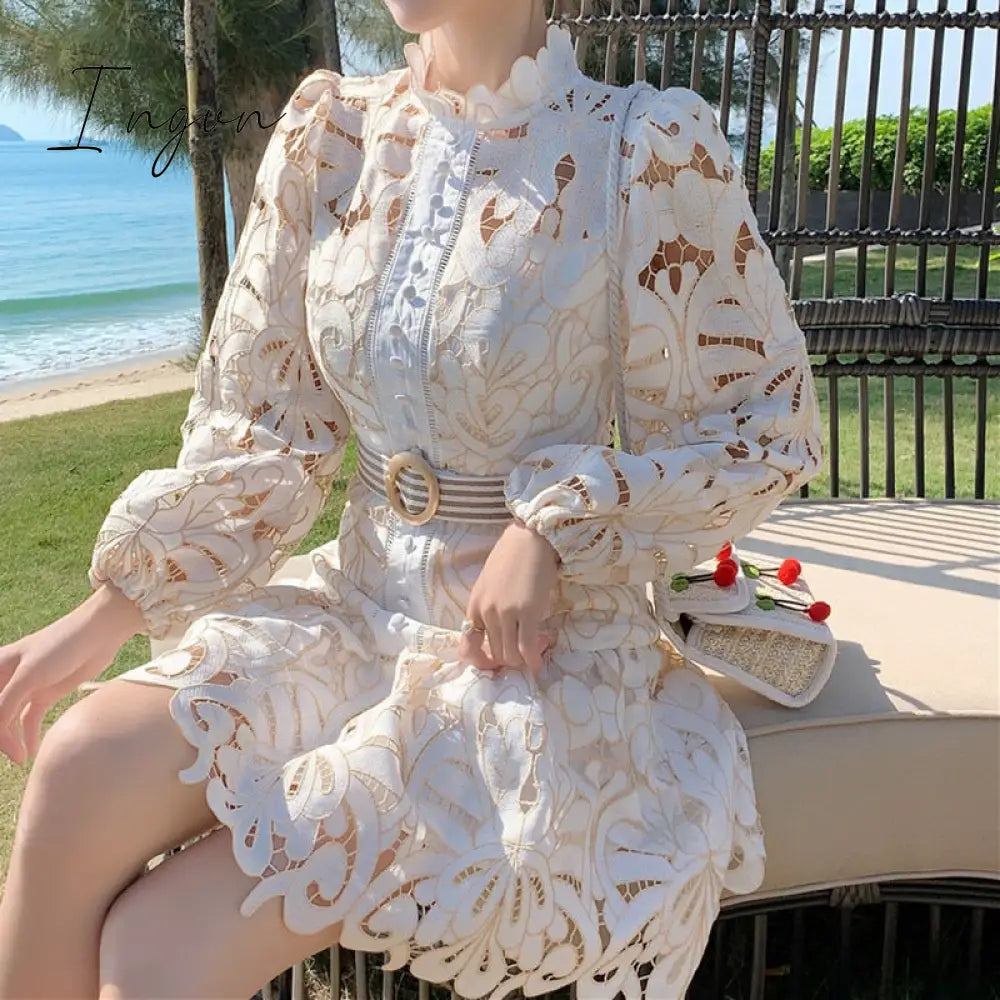 Ingvn - Vintage Hollow Out Lace Floral Embroidery Dress Spring Autumn Women Stand Collar Lantern