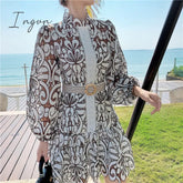 Ingvn - Vintage Hollow Out Lace Floral Embroidery Dress Spring Autumn Women Stand Collar Lantern