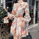 Ingvn - Vintage Hollow Out Lace Floral Embroidery Dress Spring Autumn Women Stand Collar Lantern