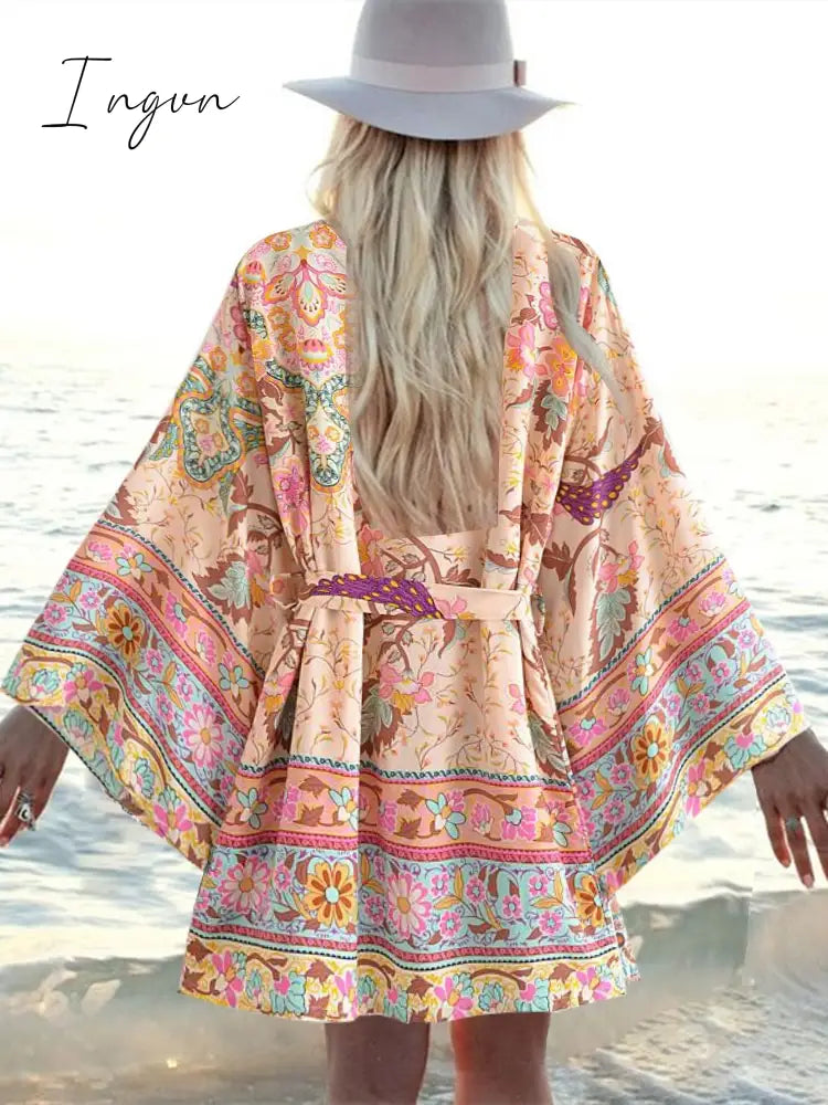 Ingvn - Vintage Peacock Floral Print Sashes Bohemian Kimono Women V Neck Batwing Sleeves Short Robe