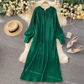 Ingvn - Vintage Pleated Chiffon Long Dress Women Casual Solid Pink/Green/Red O - Neck Draped Slim