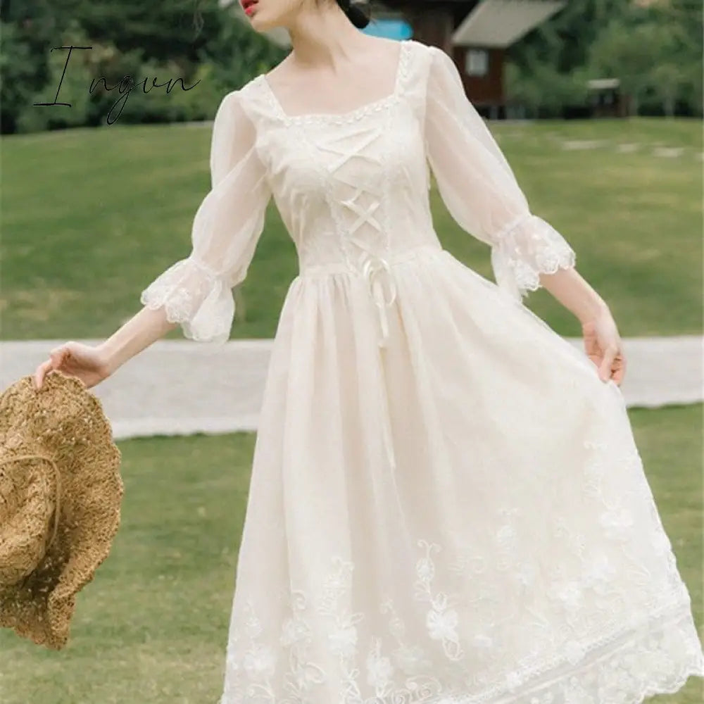 Ingvn - Vintage Retro Dress Women French Style Elegant Designer Fairy Casual Slim Chiffon Party