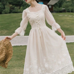 Ingvn - Vintage Retro Dress Women French Style Elegant Designer Fairy Casual Slim Chiffon Party