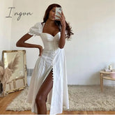 Ingvn - Vintage Solid Button Midi Dress Sexy Party Club Bodycon Strapless High Split Dresses Women