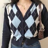 Ingvn - Vintage V - Neck Plaid Long Sleeve Women Sweater Autumn Winter Short Knitted Cardigan