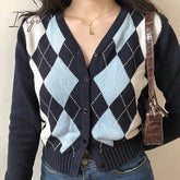 Ingvn - Vintage V - Neck Plaid Long Sleeve Women Sweater Autumn Winter Short Knitted Cardigan