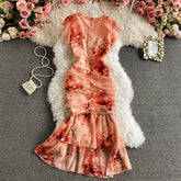 Ingvn - Vintage V - Neck Printed Chiffon Drawstring Mermaid Midi Dress Women Elegant High Waist