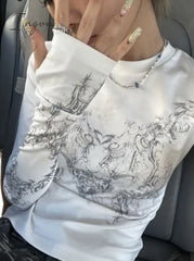 Ingvn - Vintage Women Clothes Y2K T-Shirts 2023 Blusas Mujer De Moda O-Neck Long Sleeve Print Tunic