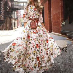 Ingvn - Vintage Women Floral Printing O - Neck Sweet Long Party Dress Summer Three Quarter Sleeve