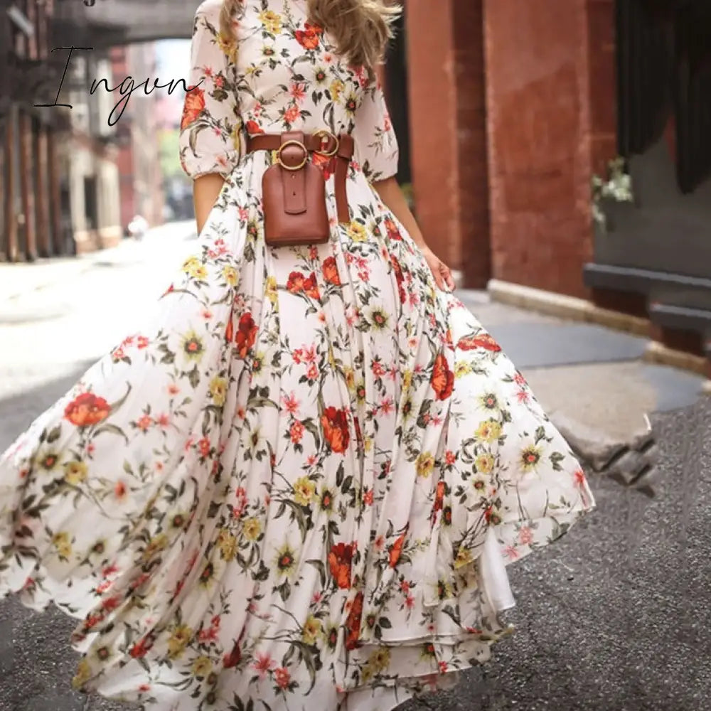 Ingvn - Vintage Women Floral Printing O - Neck Sweet Long Party Dress Summer Three Quarter Sleeve