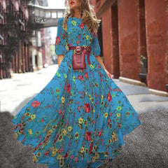 Ingvn - Vintage Women Floral Printing O - Neck Sweet Long Party Dress Summer Three Quarter Sleeve