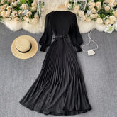 Ingvn - Vintage Women Pleated Long Dress Female Elegant Lantern Sleeve High Waist Red/Purple Draped