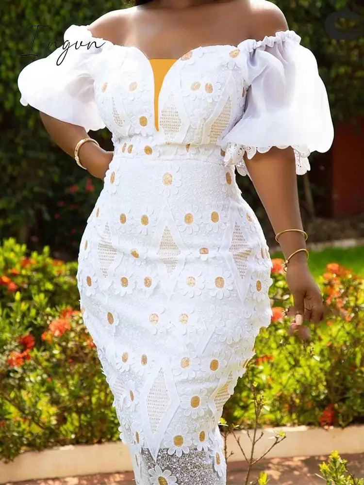 Ingvn - White Applique Lace Dress Chic Women Daisy Flower Off Shoulder Puff Sleeve Midi Summer