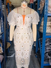 Ingvn - White Applique Lace Dress Chic Women Daisy Flower Off Shoulder Puff Sleeve Midi Summer