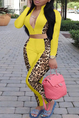 Ingvn - White Casual Print Leopard Zipper Collar Plus Size Two Pieces Plus Size