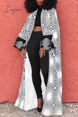 Ingvn - White Casual Street Print Patchwork Cardigan Collar Plus Size Overcoat Plus Size