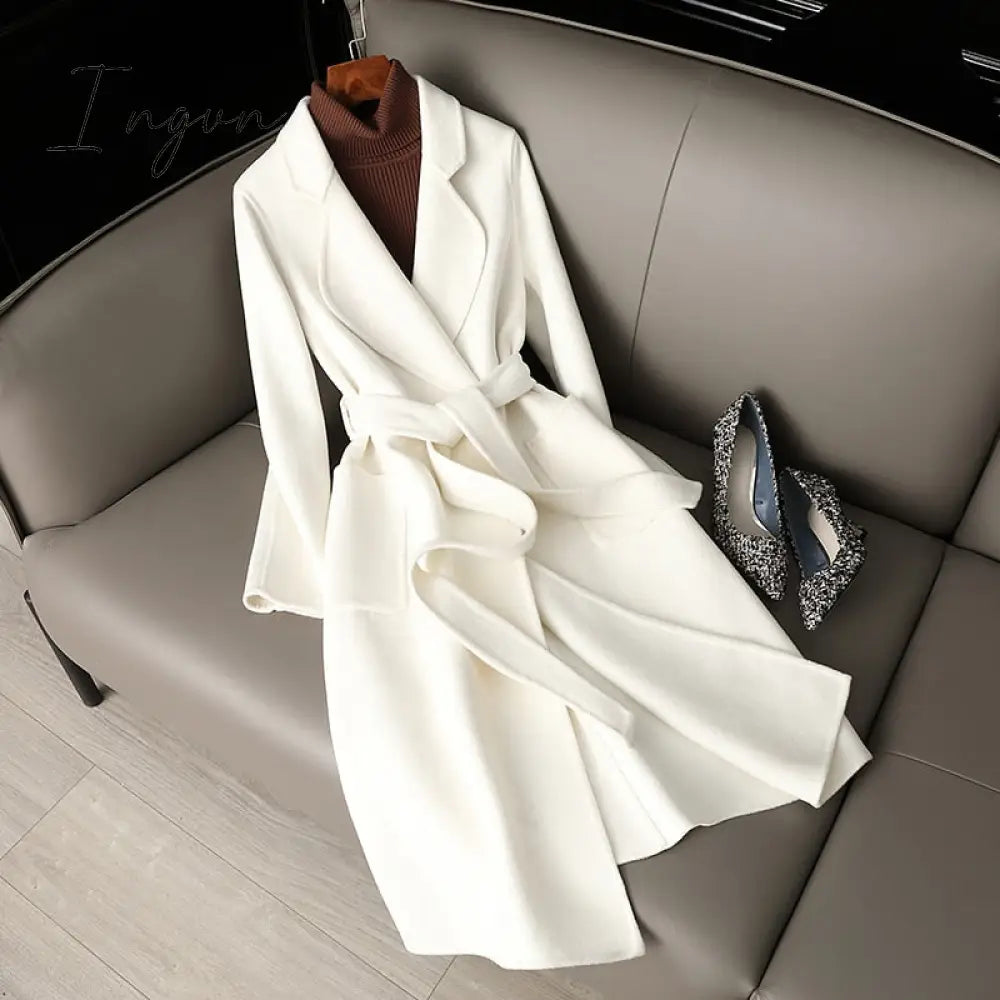 Ingvn - White Double-Sided Cashmere Coat Women’s Mid-Length Over-The-Knee Autumn New High-End